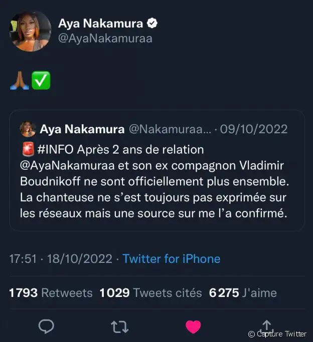 Aya relaye un tweet d'un compte fan annonçant sa rupture avec Vladimir Boudnikoff